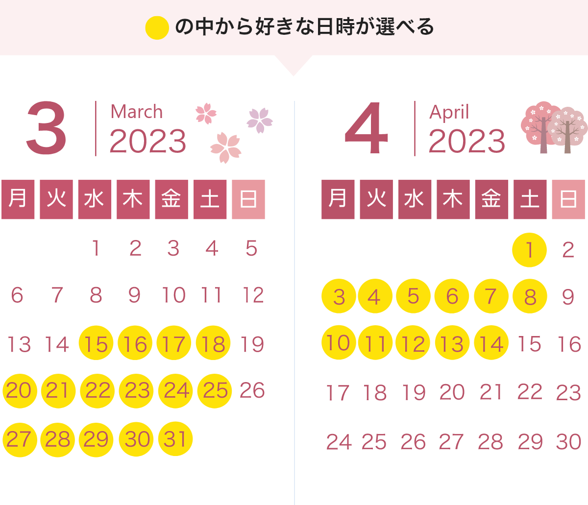 3月のスケジュール 3月1日~14日と19日、26日の日曜日以外の日にちの中から好きな日時が選べる。4月のスケジュール 4月の15日~30日と2日、9日の日曜日以外の日にちの中から好きな日時が選べる。