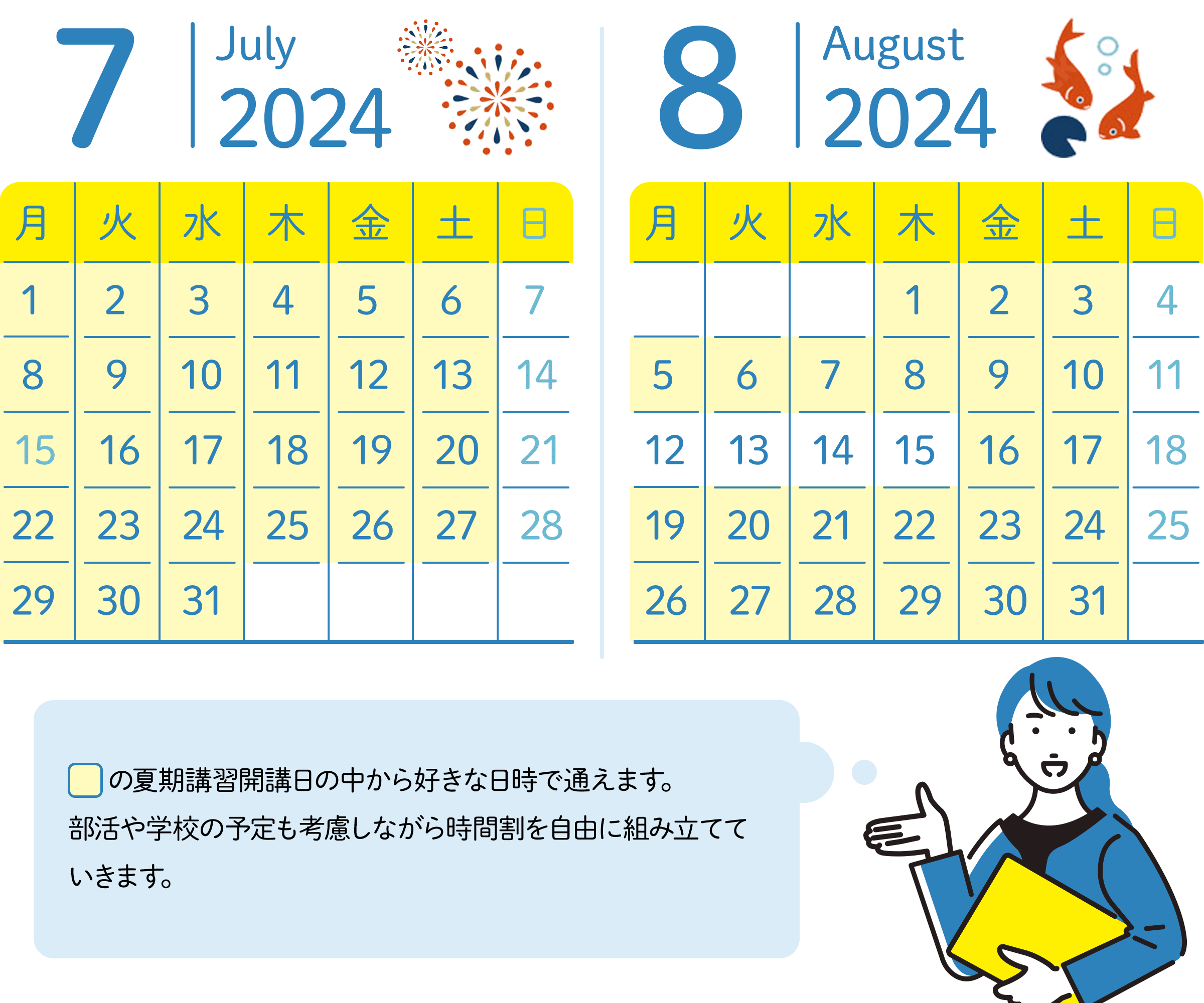 7月のスケジュール 7日、14日、21日、28日の日曜日以外の日にちの中から好きな日時が選べる。 8月のスケジュール 12日～15日と4日、11日、18日、25日の日曜日以外の日にちの中から好きな日時が選べる。夏期講習開講日の中から好きな日時で通えます。部活や学校の予定も考慮しながら時間割を自由に組み立てていきます。