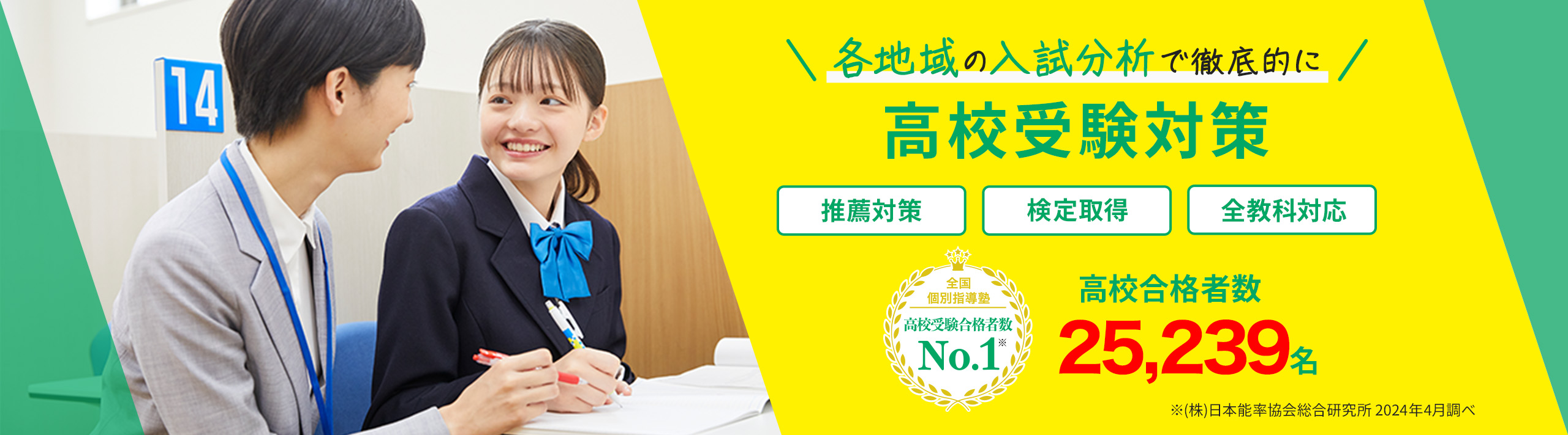 各地域の入試分析で徹底的に高校受験対策 推薦対策 検定取得 全教科対応 全国個別指導塾 高校受験合格者数No.1※ 高校合格者数25,239名※ ※（株）日本能率協会総合研究所 2024年4月調べ