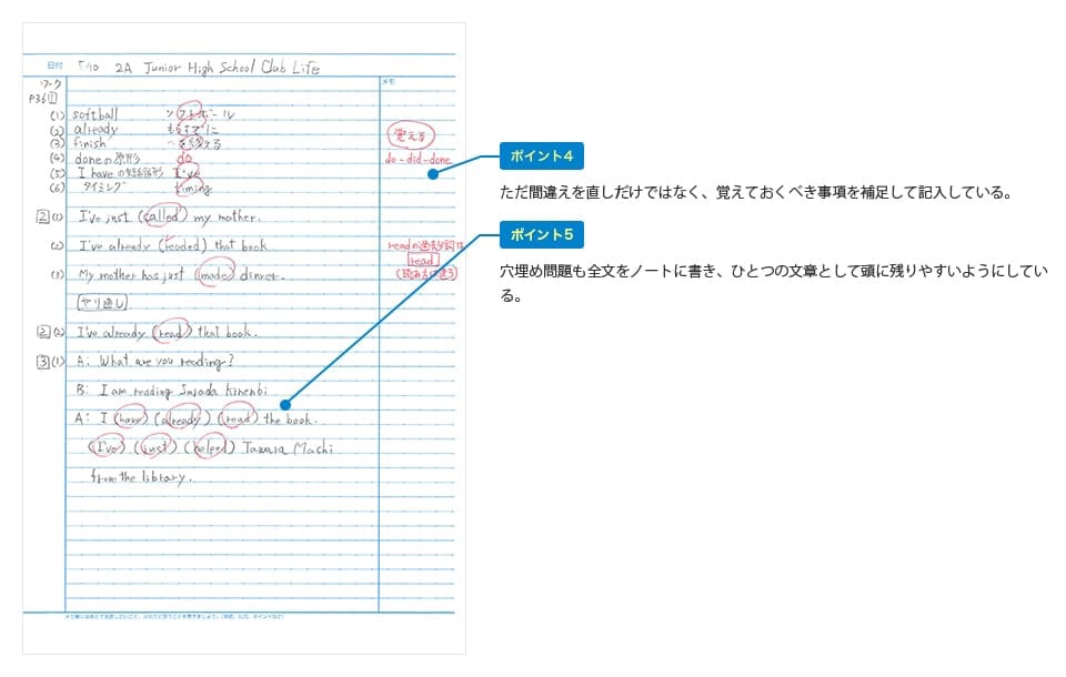 ポイント4：ただ間違えを直しただけではなく、覚えておくべき事項を補足して記入している。 ポイント5：穴埋め問題も全文をノートに書き、ひとつの文章として頭に残りやすいようにしている。