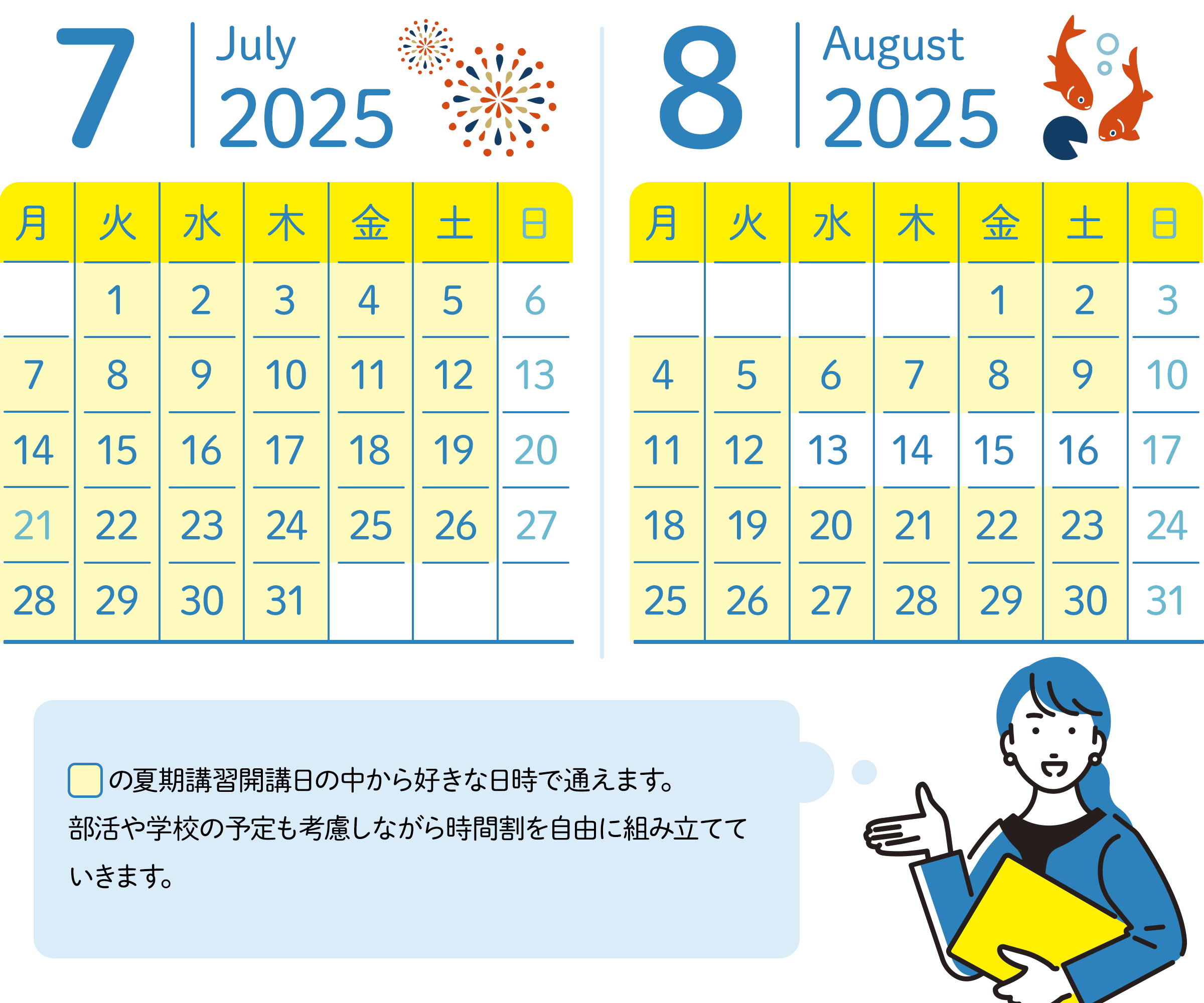 7月のスケジュール 6日、13日、20日、27日の日曜日以外の日にちの中から好きな日時が選べる。 8月のスケジュール 13日~16日と3日、10日、17日、24日、31日の日曜日以外の日にちの中から好きな日時が選べる。夏期講習開講日の中から好きな日時で通えます。習い事や学校の予定も考慮しながら時間割を自由に組み立てていきます。