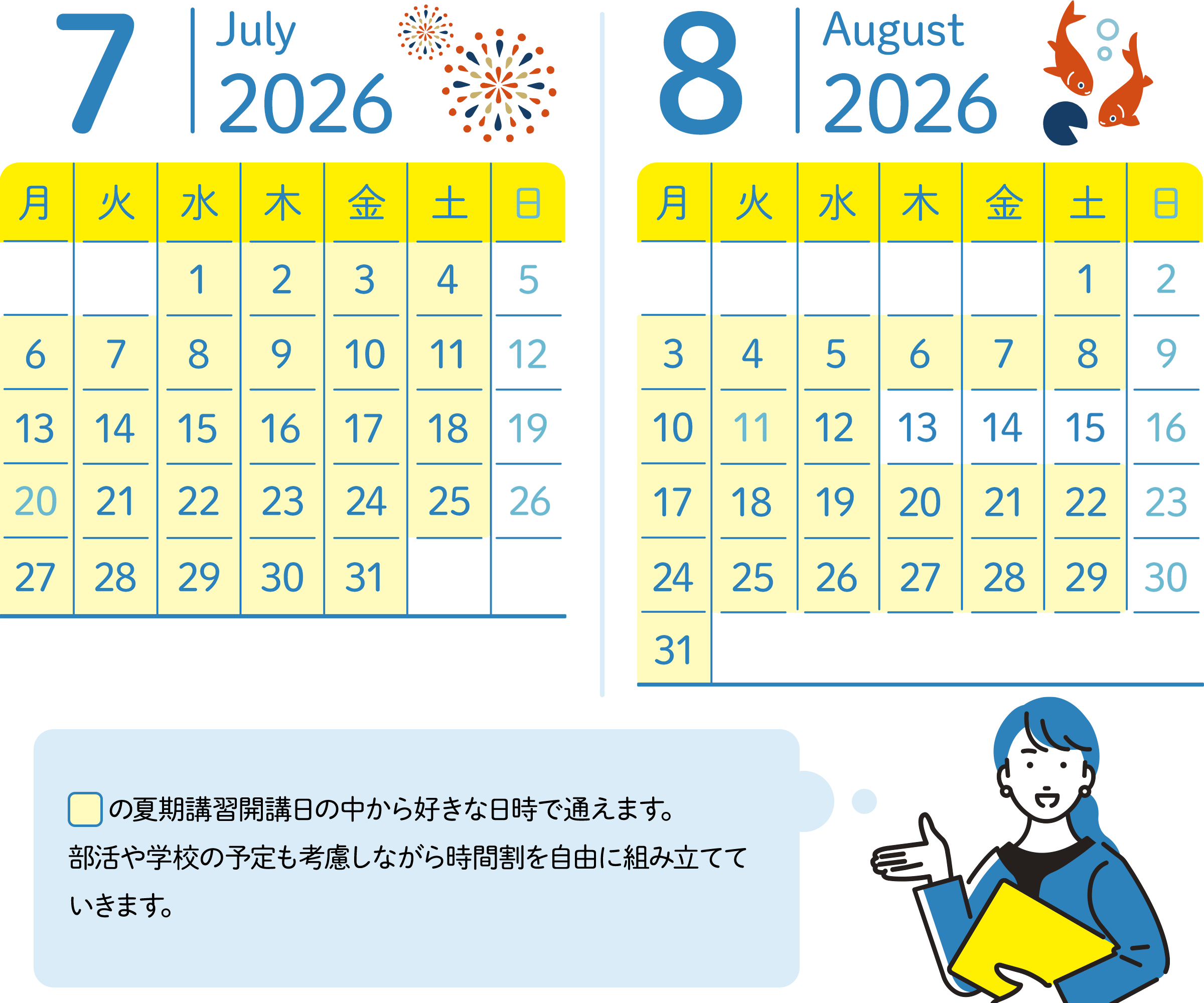 7月のスケジュール 5日、12日、19日、26日の日曜日以外の日にちの中から好きな日時が選べる。 8月のスケジュール 13日～16日と2日、9日、23日、30日の日曜日以外の日にちの中から好きな日時が選べる。夏期講習開講日の中から好きな日時で通えます。習い事や学校の予定も考慮しながら時間割を自由に組み立てていきます。