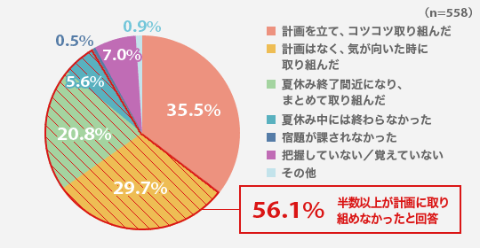 お子さんは夏休みの宿題にどのように取り組みましたか?