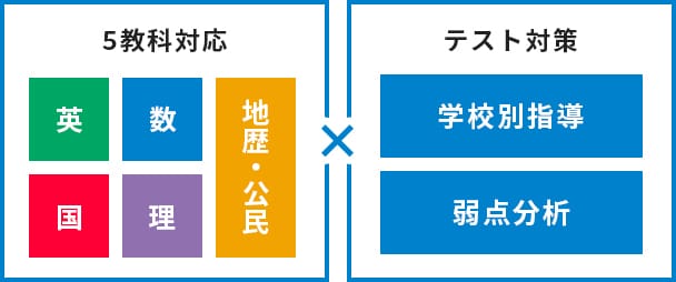 5教科対応：英、数、国、理、地歴・公民×テスト対策：学校別指導、弱点分析